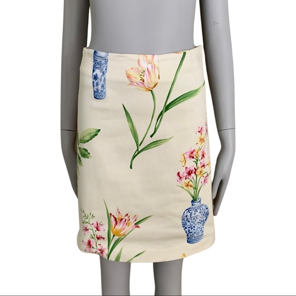 YUKA RESORT Floral Blue Vase Cotton Pencil Skirt - Picture 1 of 13